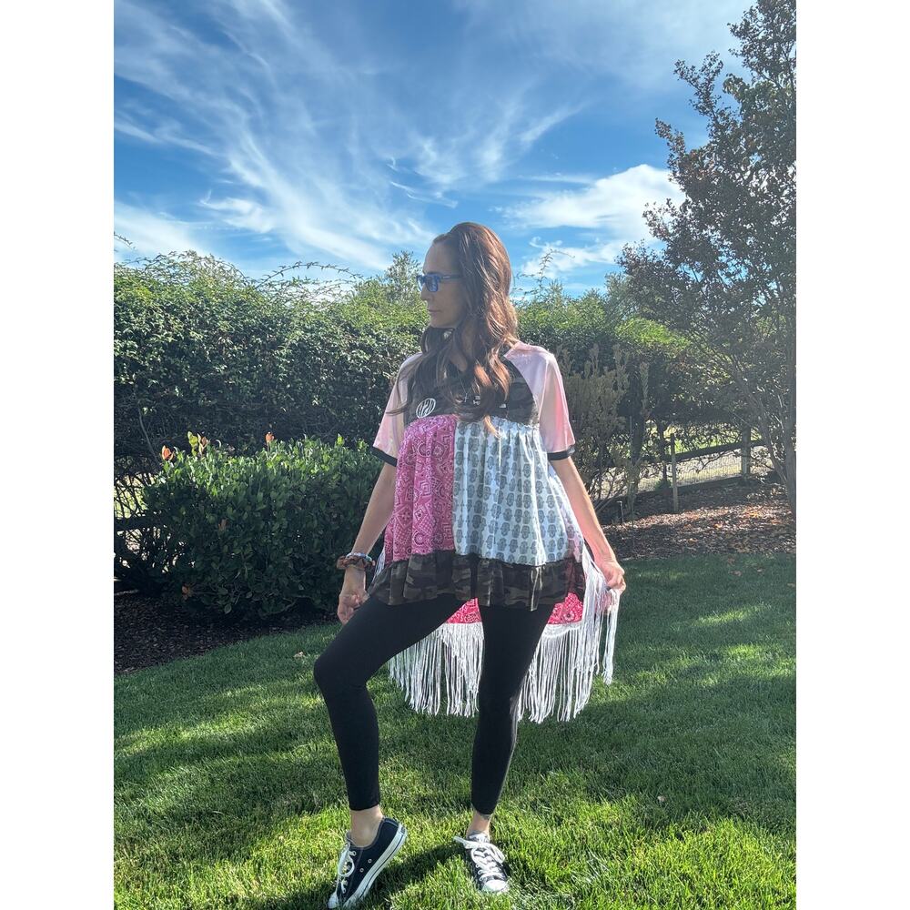 SHUGGIE FIERCE Upcycle USA Camo Boho Vibe Fringed Top Size S-M | QUICK SHIP